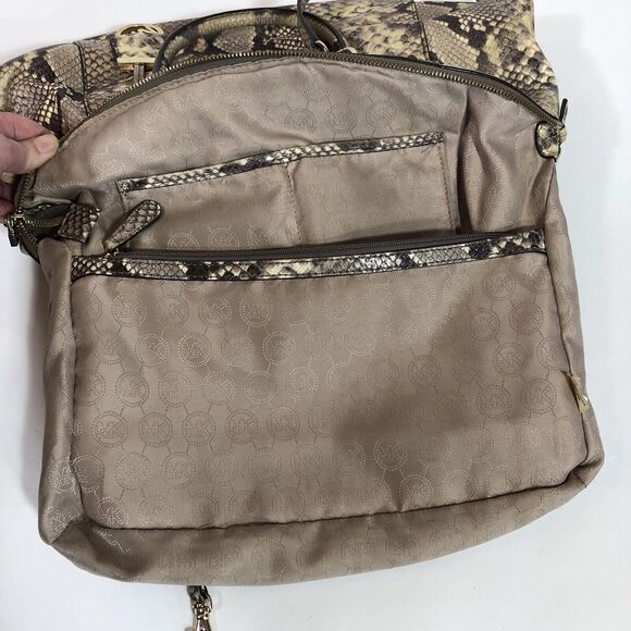 Michael Kors Riley Black Tan Beige Python Embossed Leather Satchel Crossbody - Picture 16 of 16